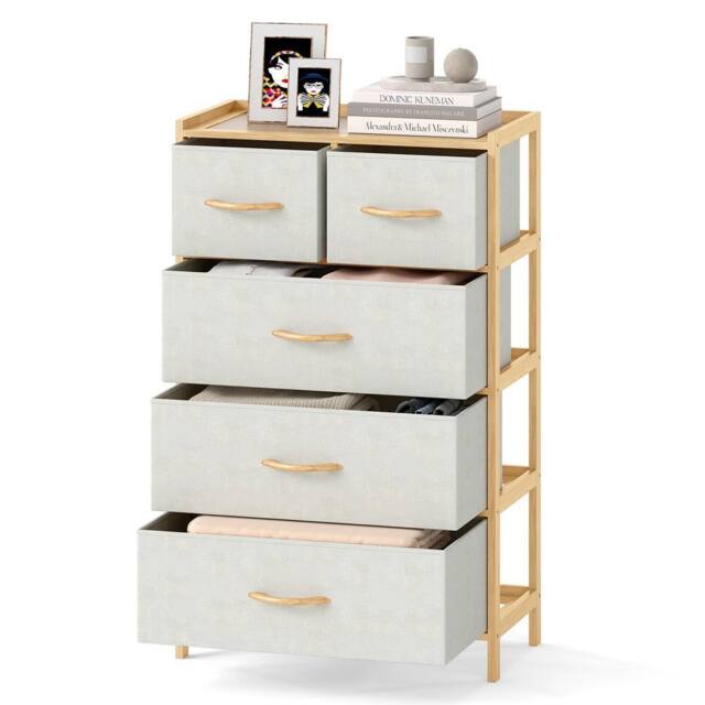 Gymax 5-Drawer Dresser Bamboo Vertical Chest of Drawers With Top Shelf in Light Beige - image 1