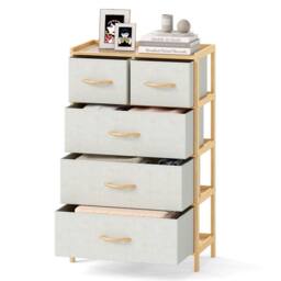 Gymax 5-Drawer Dresser Bamboo Vertical Chest of Drawers With Top Shelf in Light Beige