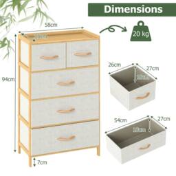 Gymax 5-Drawer Dresser Bamboo Vertical Chest of Drawers With Top Shelf in Light Beige - thumbnail 2