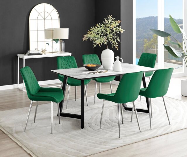 FurnitureboxUK Carson White Marble Effect Dining Table & 6 Pesaro Silver Chairs in Green - image 1
