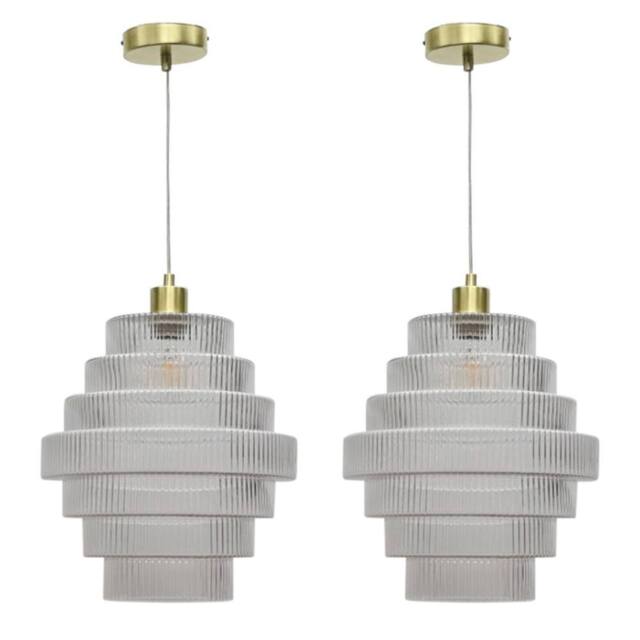 First Choice Lighting Set of 2 Benson - Tiered Large Glass Satin Brass Ceiling Pendant Light in Clear - image 1