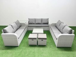 Fimous PE Rattan Lounge Sofa Set 11 Seater Outdoor Garden Furniture Set with Square Coffee Table 3 Seater Sofa 2 Stools Side Table Light Grey - thumbnail 2