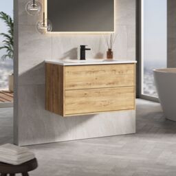 Banyetti Venti 800mm Wall Hung Vanity Unit with Athena Basin - Ostippo Oak in Light Oak - thumbnail 3