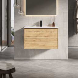 Banyetti Venti 800mm Wall Hung Vanity Unit with Athena Basin - Ostippo Oak in Light Oak