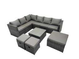 Fimous Patio Furniture Sets with Corner Sofa Square Coffee Table 3 Footstools in Dark Grey - thumbnail 1