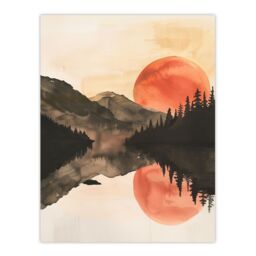 "Artery8 Red Sun Setting Behind Lakeside Forest Mountains Wall Art Print in Orange - Size: W12"" x H16""" - thumbnail 1