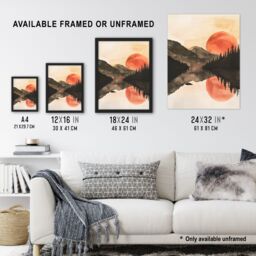 "Artery8 Red Sun Setting Behind Lakeside Forest Mountains Wall Art Print in Orange - Size: W12"" x H16""" - thumbnail 3