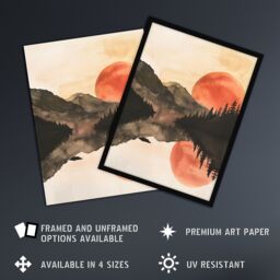 "Artery8 Red Sun Setting Behind Lakeside Forest Mountains Wall Art Print in Orange - Size: W12"" x H16""" - thumbnail 2
