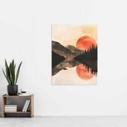 "Artery8 Red Sun Setting Behind Lakeside Forest Mountains Wall Art Print in Orange - Size: W12"" x H16""" - thumbnail 4