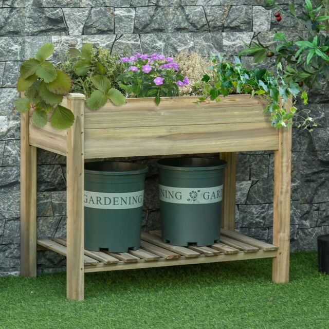 OUTSUNNY Raised Garden Bed w/ Legs & Storage Shelf Elevated Planter Box in Green - image 1