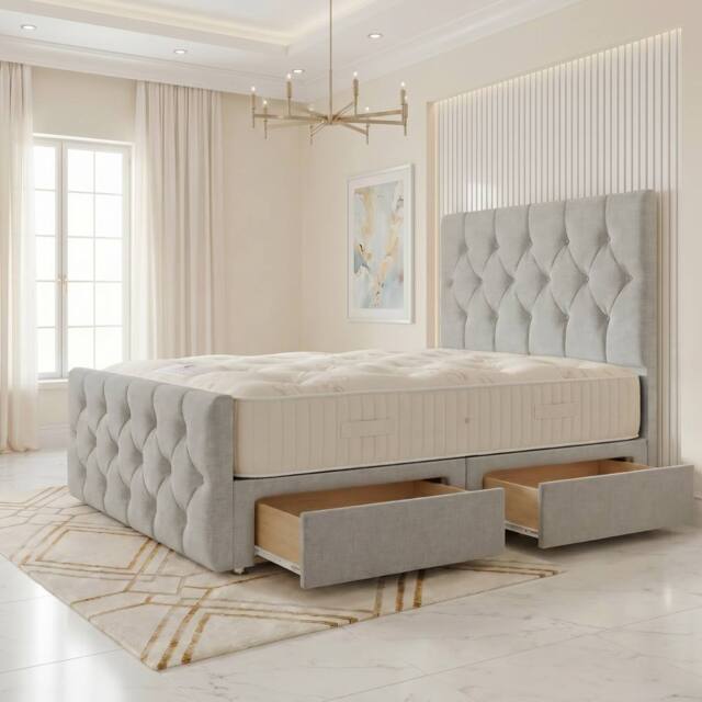 "Somnior Ziggy Linen Divan Bed Mattress 2 Draw 54"" Headboard & 22"" Footboard in Light Grey - Size: Small Single" - image 1