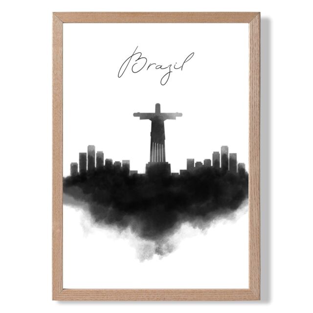 ARTZE Brazil Watercolour Skyline City Framed Print SIZE: A2 with Oak Frame in Black - Size: A4 - image 1