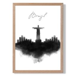 ARTZE Brazil Watercolour Skyline City Framed Print SIZE: A2 with Oak Frame in Black - Size: A4