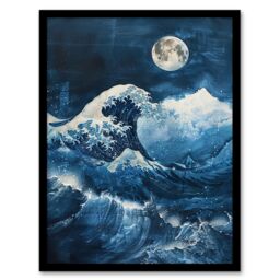 "Artery8 The Great Wave at Full Moon Storm Sea Painting Framed Wall Art in Blue - Size: W12"" x H16""" - thumbnail 1
