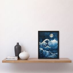 "Artery8 The Great Wave at Full Moon Storm Sea Painting Framed Wall Art in Blue - Size: W12"" x H16""" - thumbnail 4