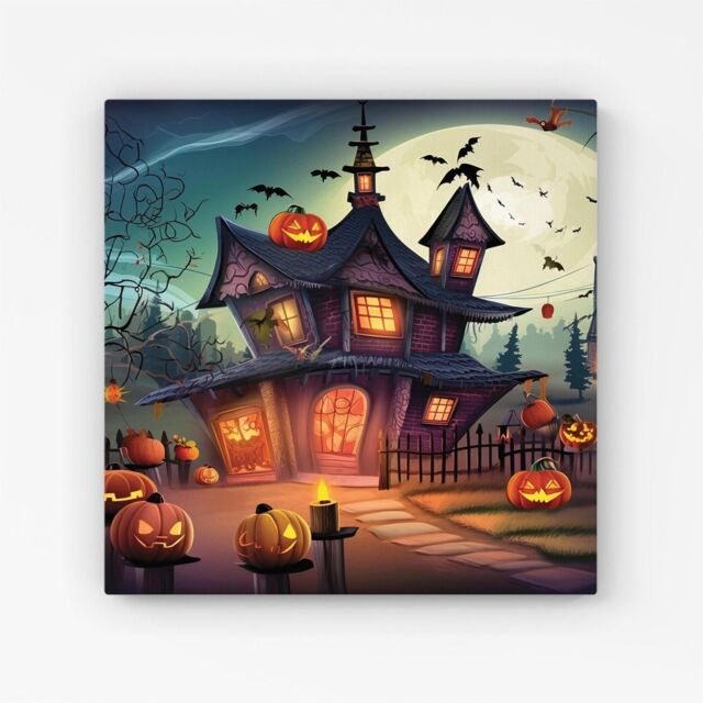 "Warren Reed - Designer Spooky Halloween House Canvas in Orange - Size: W16"" x H16""" - image 1