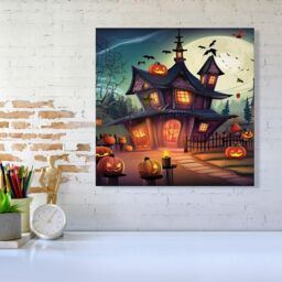 "Warren Reed - Designer Spooky Halloween House Canvas in Orange - Size: W16"" x H16""" - thumbnail 2