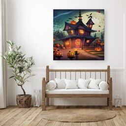 "Warren Reed - Designer Spooky Halloween House Canvas in Orange - Size: W16"" x H16""" - thumbnail 3