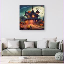"Warren Reed - Designer Spooky Halloween House Canvas in Orange - Size: W16"" x H16""" - thumbnail 4