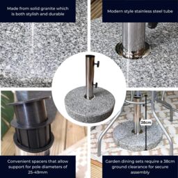 Samuel Alexander 25kg Round Granite Garden Parasol / Umbrella Base Weight Stainless Steel Pole in Grey - thumbnail 6