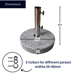 Samuel Alexander 25kg Round Granite Garden Parasol / Umbrella Base Weight Stainless Steel Pole in Grey - thumbnail 3