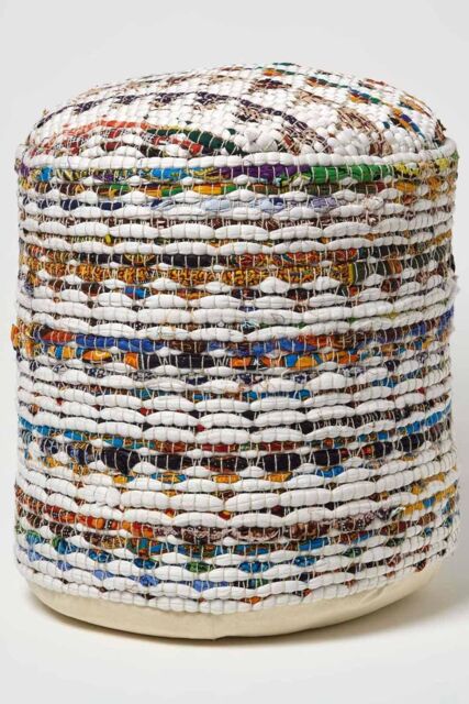 Homescapes Chindi Pattern Woven Bean Filled Pouffe Circular in Cream - image 1
