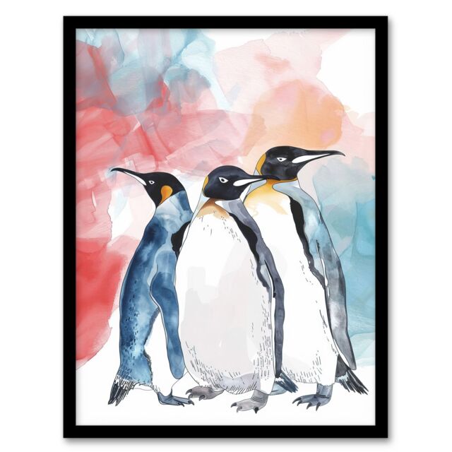 "Artery8 Three Penguins Colourful Animal Watercolour Framed Art Print - Size: W12"" x H16""" - image 1