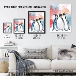 "Artery8 Three Penguins Colourful Animal Watercolour Framed Art Print - Size: W12"" x H16""" - thumbnail 3