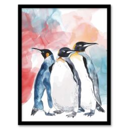 "Artery8 Three Penguins Colourful Animal Watercolour Framed Art Print - Size: W12"" x H16""" - thumbnail 1