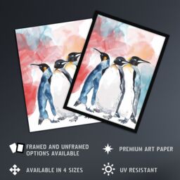 "Artery8 Three Penguins Colourful Animal Watercolour Framed Art Print - Size: W12"" x H16""" - thumbnail 2