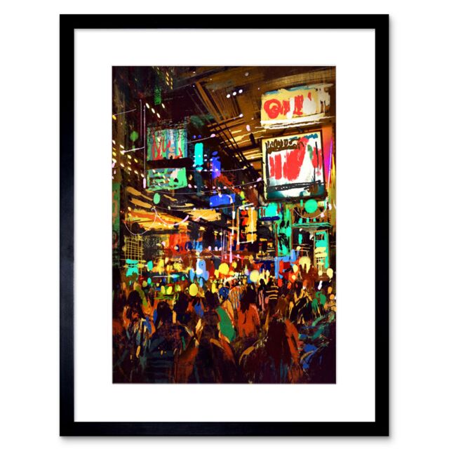 "Artery8 Wall Art Print Crowded Cityscape at Night Art Framed 9x7 inch in Black - Size: W7"" x H9""" - image 1