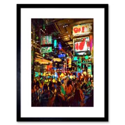 "Artery8 Wall Art Print Crowded Cityscape at Night Art Framed 9x7 inch in Black - Size: W7"" x H9""" - thumbnail 1