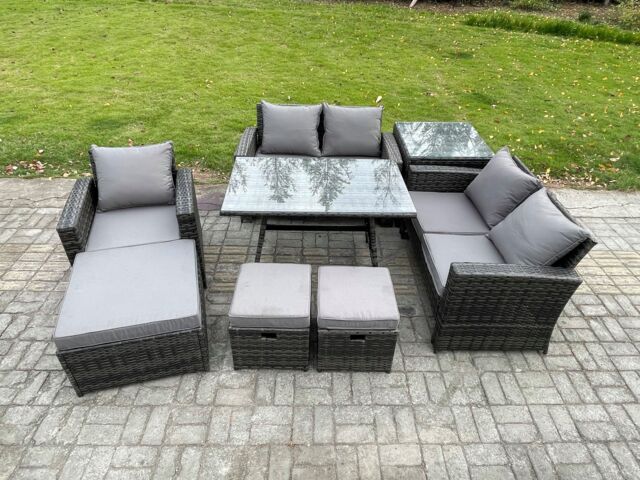 Fimous 8 Seater Garden Dining Set Wicker PE Rattan Outdoor Furniture Sofa with Rectangular Dining Table Double Seat Sofa Side Table 3 Footstools
