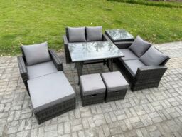 Fimous 8 Seater Garden Dining Set Wicker PE Rattan Outdoor Furniture Sofa with Rectangular Dining Table Double Seat Sofa Side Table 3 Footstools - thumbnail 2
