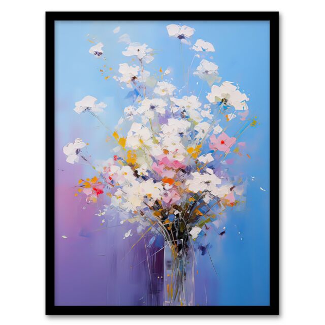 Artery8 Wall Art Print Baby's Breath Flowers Painting Purple Blue Pink Bouquet Framed Art - Size: A4 - image 1