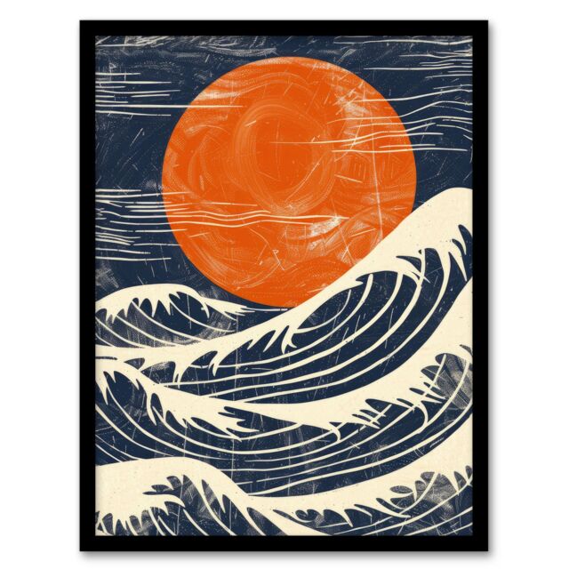 "Artery8 Wall Art Print Sun & Waves Japanese Style Orange Blue Seascape Art Framed Poster in Black - Size: W12"" x H16""" - image 1