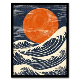 "Artery8 Wall Art Print Sun & Waves Japanese Style Orange Blue Seascape Art Framed Poster in Black - Size: W12"" x H16""" - thumbnail 1