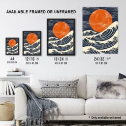 "Artery8 Wall Art Print Sun & Waves Japanese Style Orange Blue Seascape Art Framed Poster in Black - Size: W12"" x H16""" - thumbnail 3