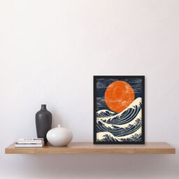 "Artery8 Wall Art Print Sun & Waves Japanese Style Orange Blue Seascape Art Framed Poster in Black - Size: W12"" x H16""" - thumbnail 4