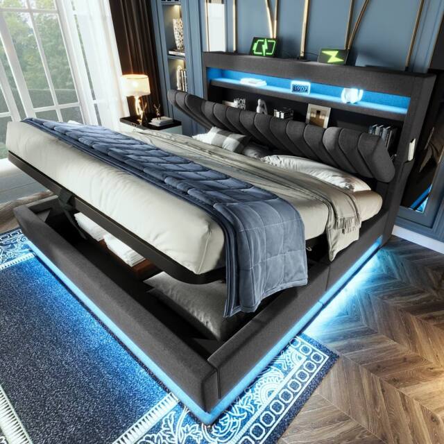 Rolipo Grey Linen Ottoman Bed Frame 5ft with LED & USB Storage Headboard - image 1