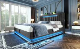 Rolipo Grey Linen Ottoman Bed Frame 5ft with LED & USB Storage Headboard - thumbnail 2