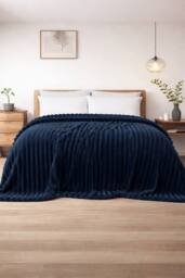 Dyzi Supersoft Ribbed Fleece Throw Blanket for Couch & Bed - Cozy Jacquard Home Blanket in Navy - Size: 150 cm x 200 cm