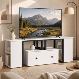 Costway Wood TV Cabinet 140 x 30 x 50 cm Lowboard TV Stand with 2 Large Drawers in White - thumbnail 5