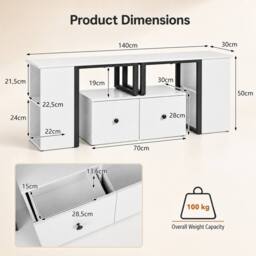 Costway Wood TV Cabinet 140 x 30 x 50 cm Lowboard TV Stand with 2 Large Drawers in White - thumbnail 2