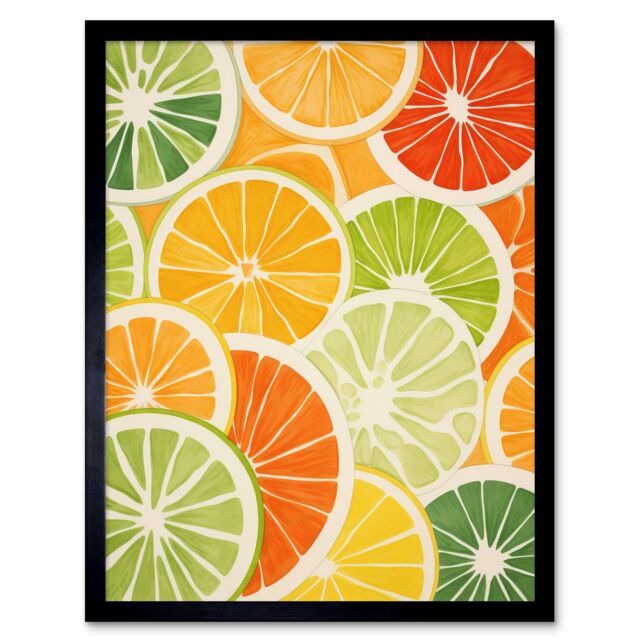 "Artery8 Wall Art Print Slices of Limes Oranges & Grapefruit Bright Watercolour Painting Kitchen Artwork Art Framed in Black - Size: W12"" x H16""" - image 1