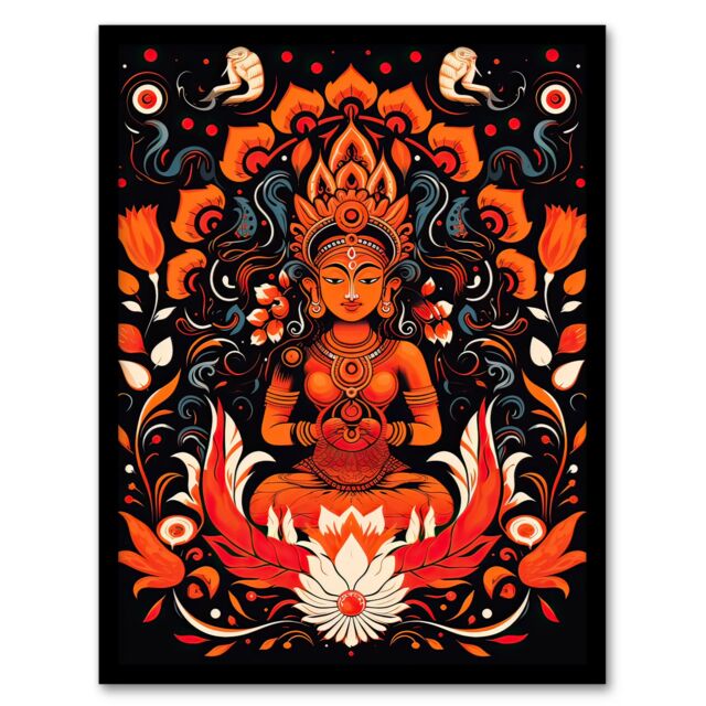 Artery8 Wall Art Print Hindu Goddess Parvati Floral Concept Art Design Orange White Blue Decorative Pattern on Black Artwork Framed - Size: A4 - image 1