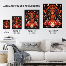 Artery8 Wall Art Print Hindu Goddess Parvati Floral Concept Art Design Orange White Blue Decorative Pattern on Black Artwork Framed - Size: A4 - thumbnail 3