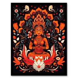 Artery8 Wall Art Print Hindu Goddess Parvati Floral Concept Art Design Orange White Blue Decorative Pattern on Black Artwork Framed - Size: A4 - thumbnail 1