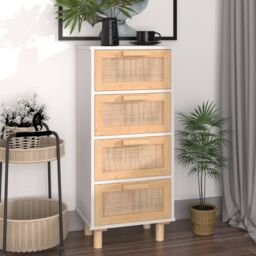 Berkfield Home Sideboard White 40x30x90 cm Solid Wood Pine & Natural Rattan - Size: 40 x 30 x 90 cm