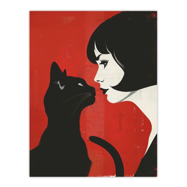 "Artery8 Black Cat Lover Lady & Pet Bold Red Retro Style Wall Art Print - Size: W18"" x H24""" - image 1